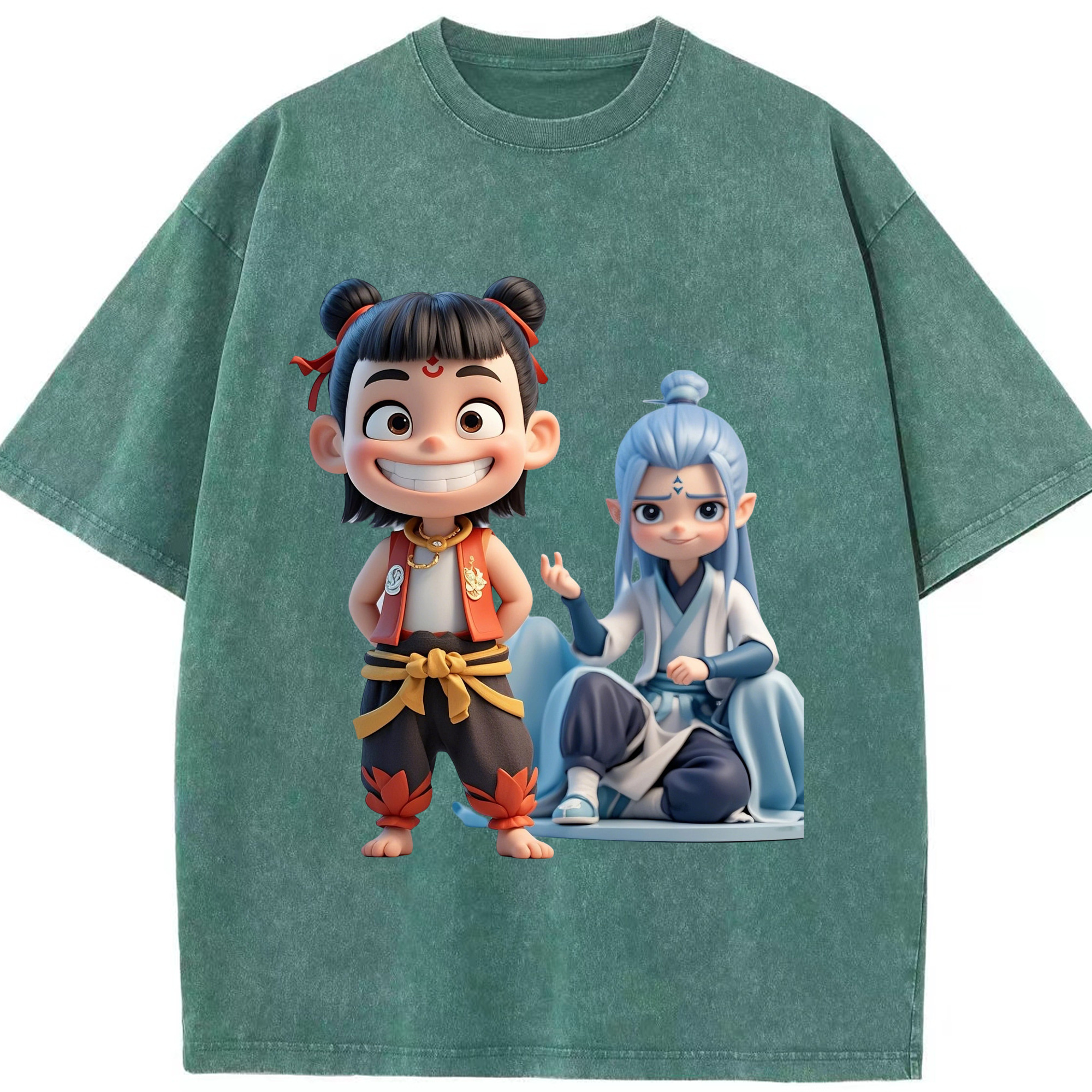 （画像用） Ne Zha 2 ナタ 魔童の大暴れ 綿100% ヴィンテージ風 半袖Tシャツ（フロントプリント）